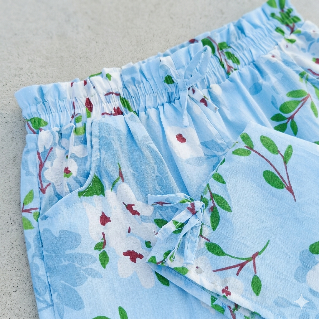 Azure Blossom Floral Print High-Rise Shorts with Side Tie Detail