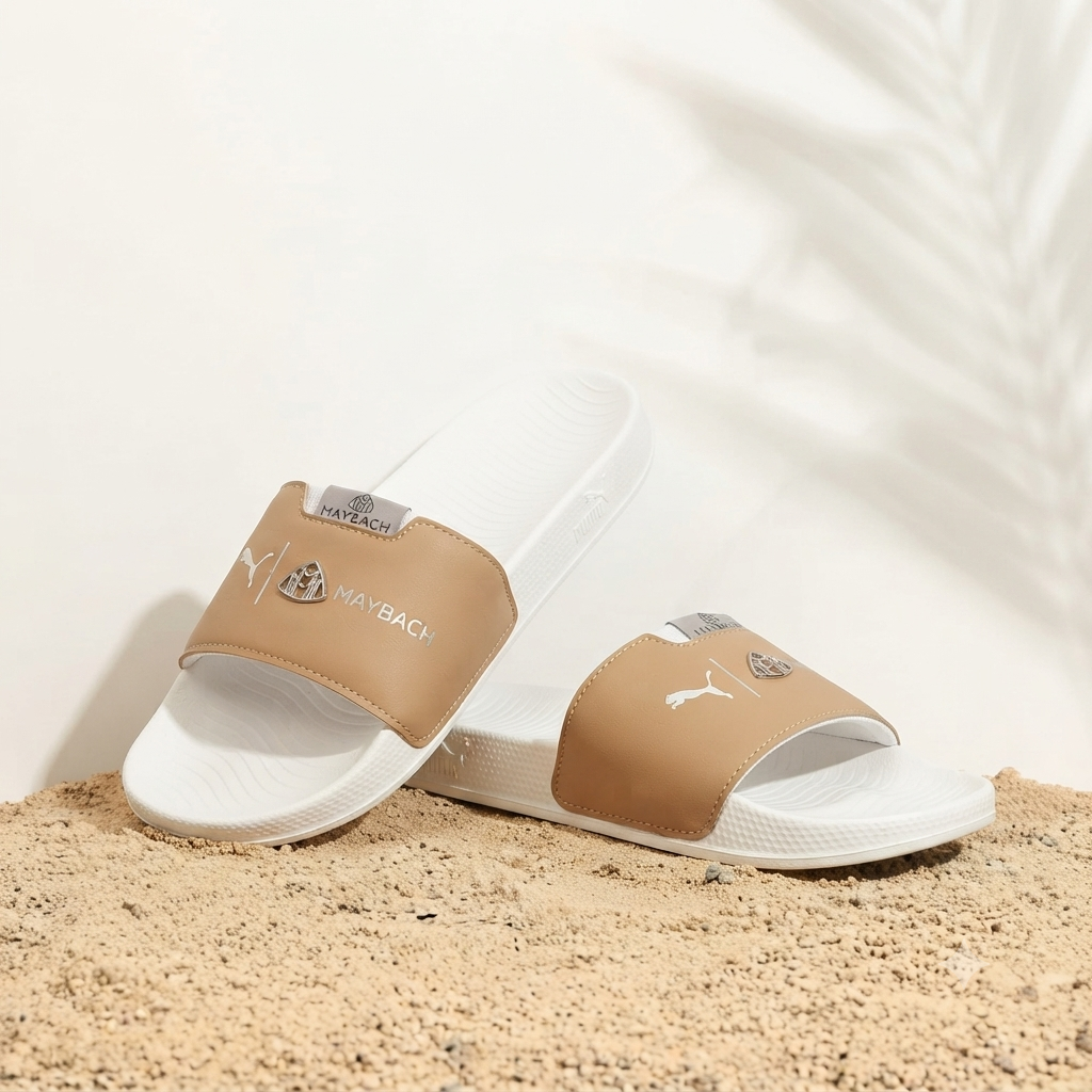 Premium Men’s Tan & White Comfort Slide Sandals – Stylish Everyday Slip-On