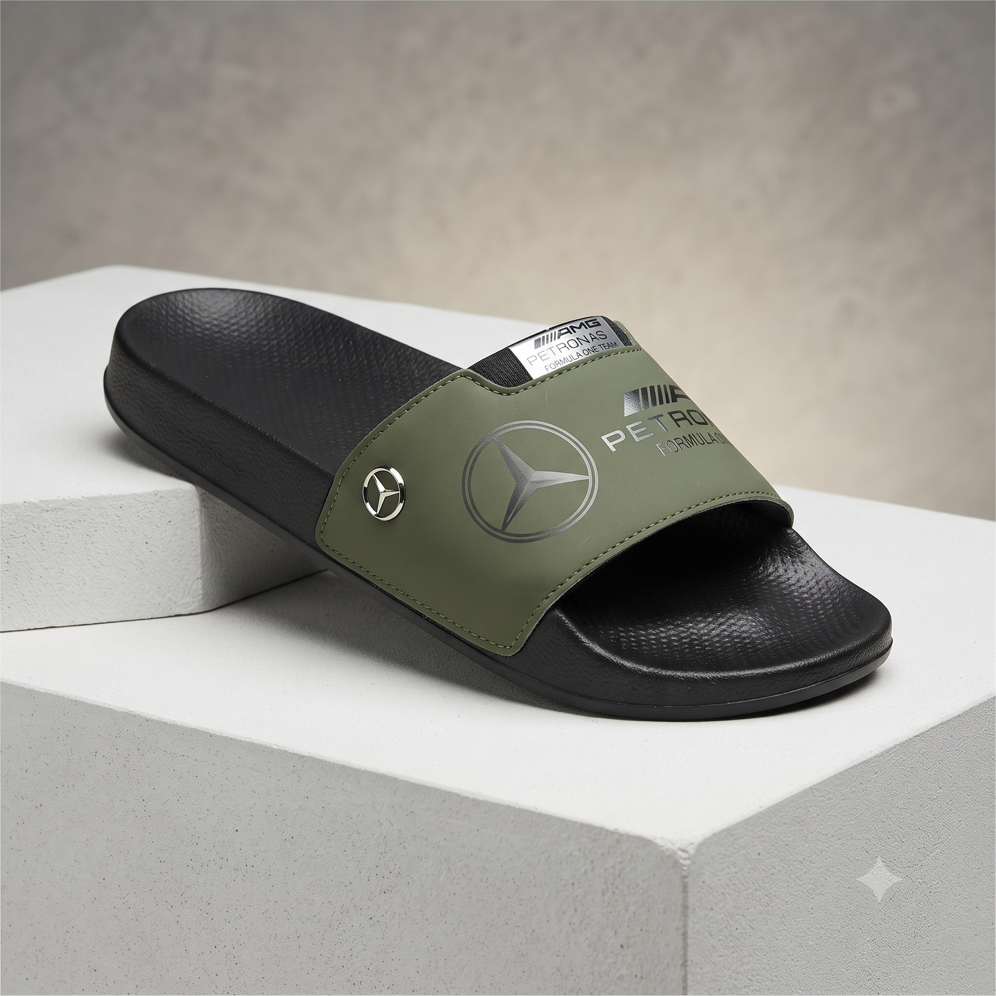 Mercedes-AMG Petronas F1 Team Motorsport Men's Comfort Slides / Slippers (Olive Green & Black)