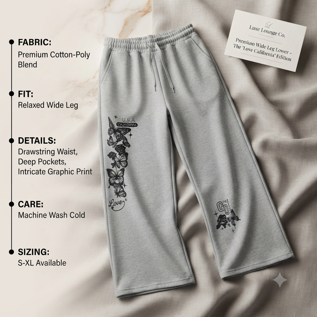 Women’s Wide Leg Butterfly Printed Grey Joggers | High-Waisted Fleece Lounge Pants