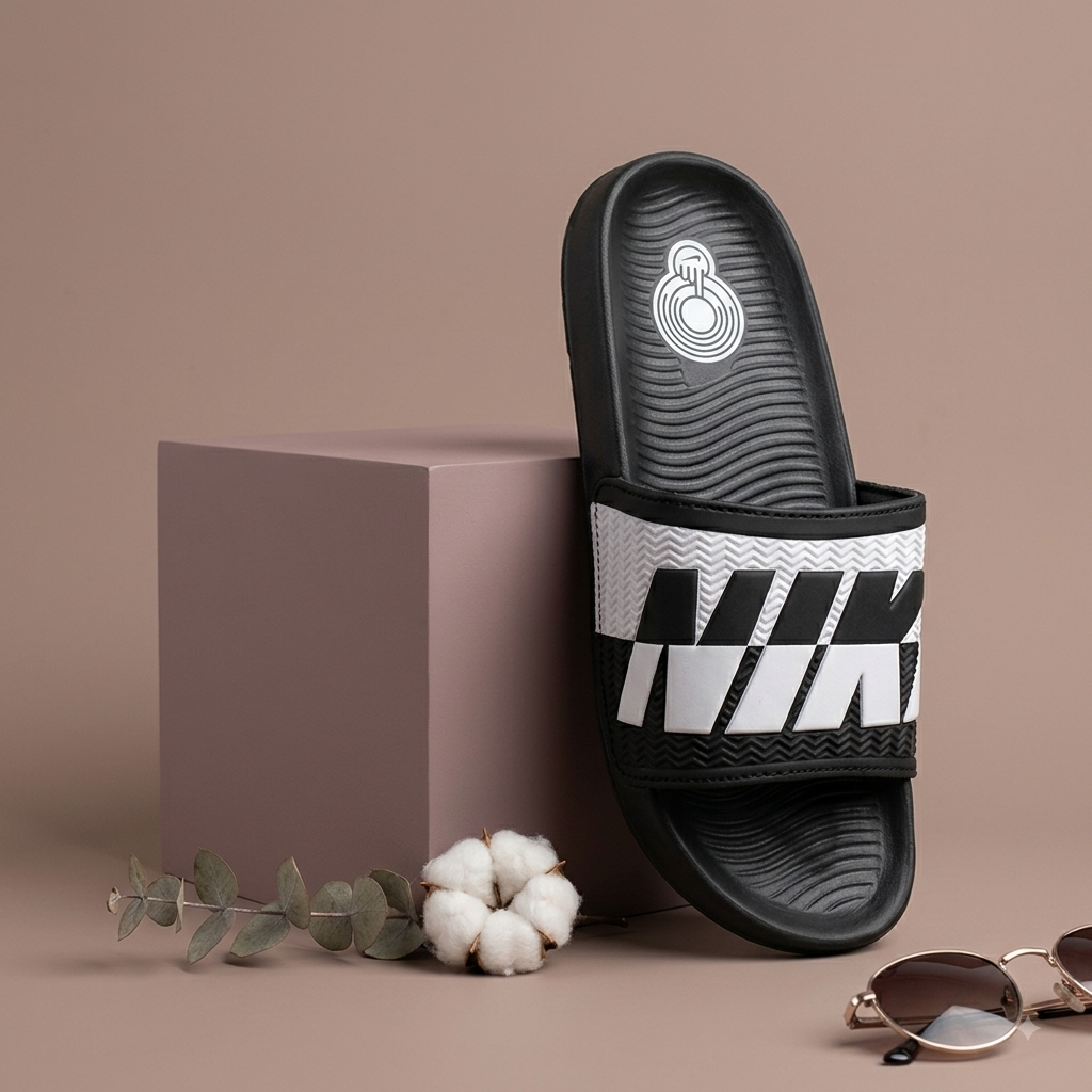 Men’s Black & White Bold Graphic Comfort Sliders – Stylish Casual Slip-On Sandals