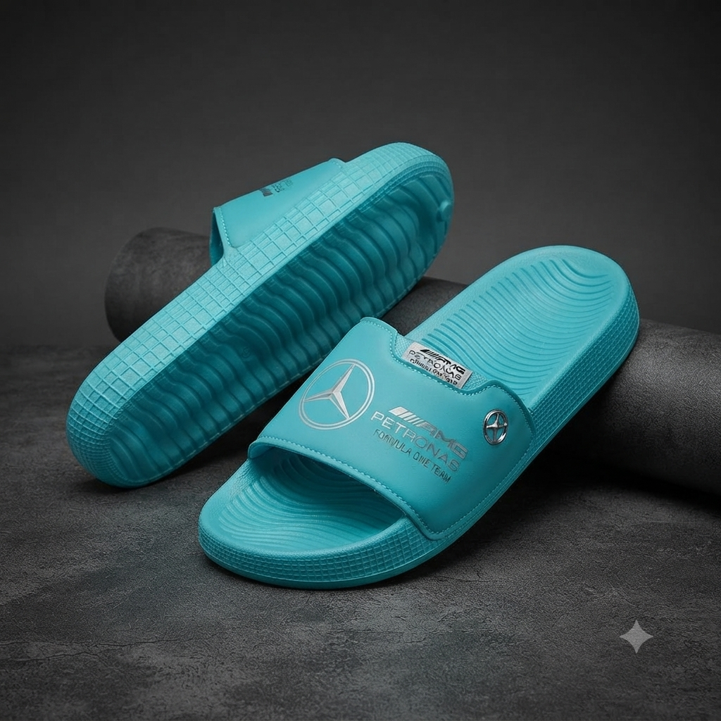 Premium Motorsport Unisex Comfort Sliders | AMG Petronas F1 Branding - Cyan