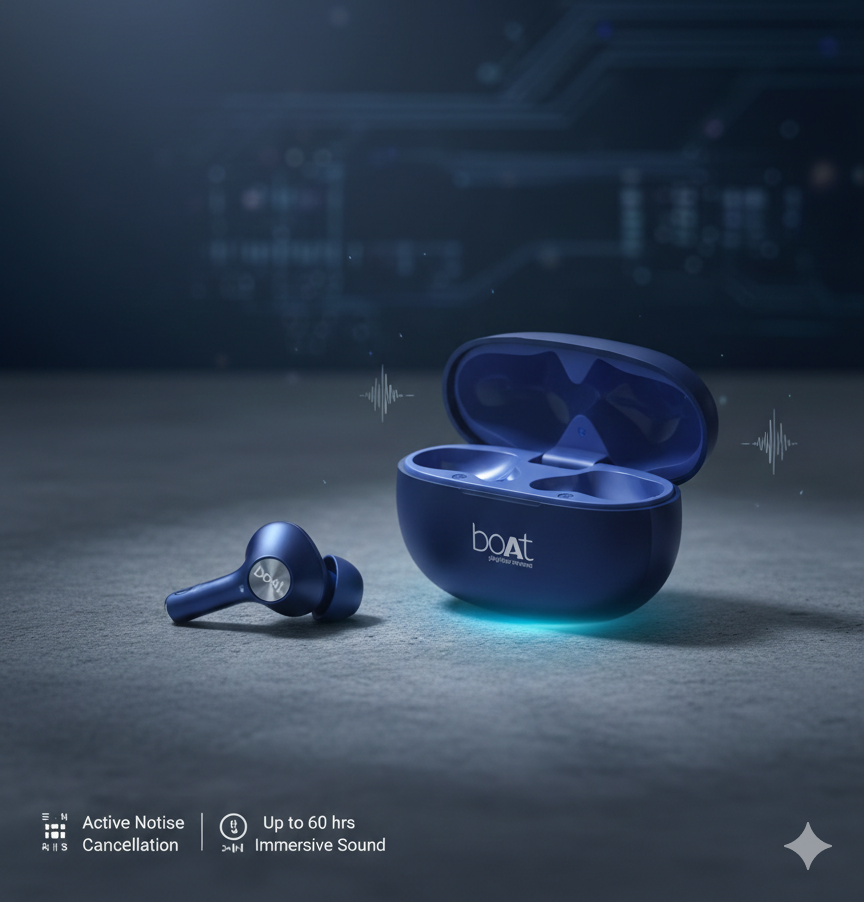 Airdopes Coolpods 70 | Active Noise Cancellation (ANC) | 60 Hours Playtime | 13mm Drivers & Quad Mics with ENx™ Technology | ASAP™ Fast Charge | Blue