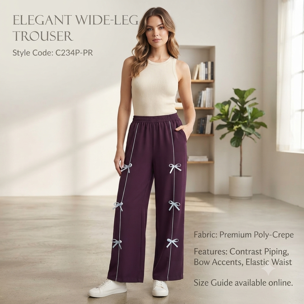 Trendy Bow Accent Wide-Leg Trousers for Women – Deep Wine
