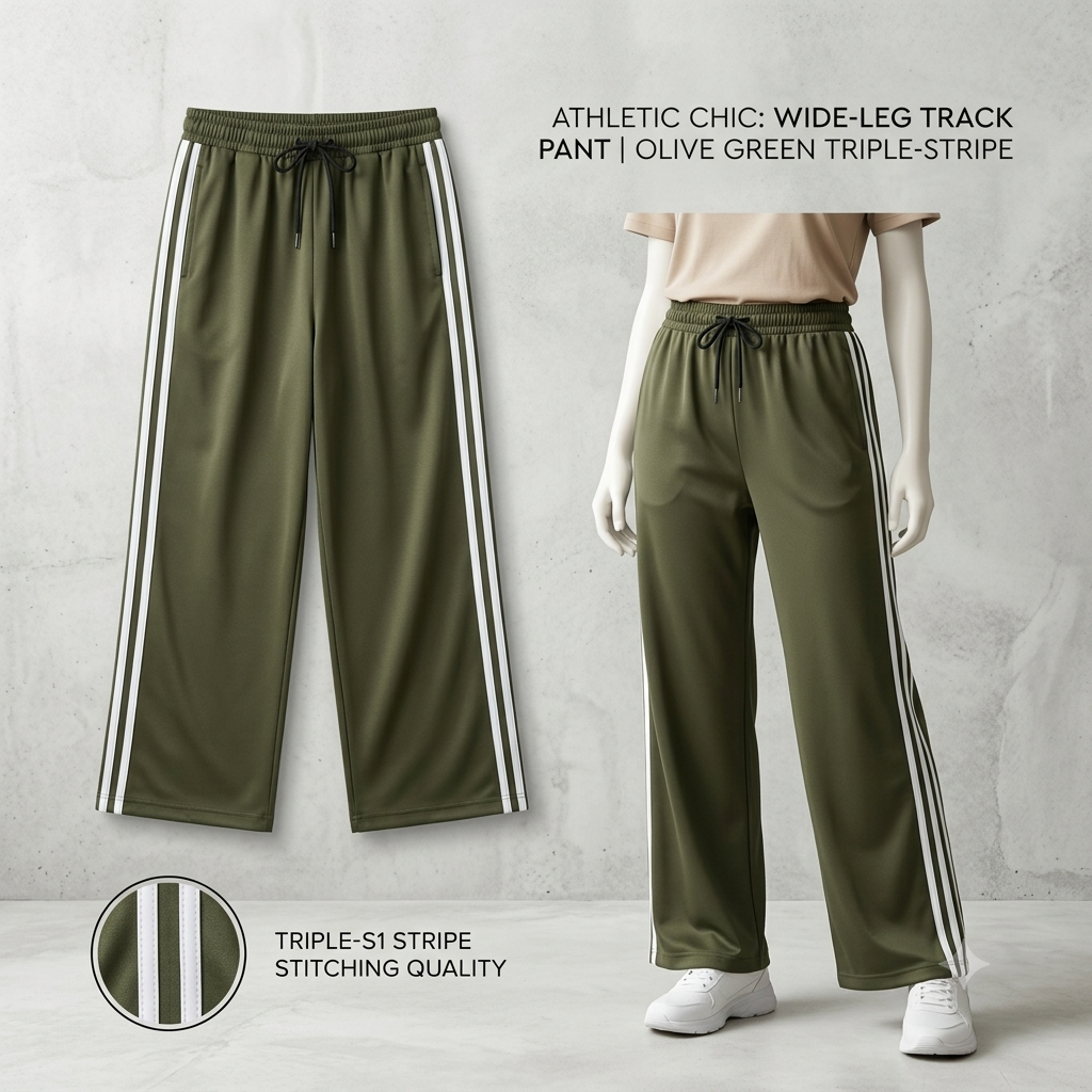 Women’s Olive Green Wide-Leg Track Pants with Side Stripe | High-Waist Casual Lower