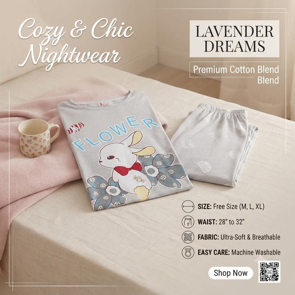 Women's Cute Bunny Print Cotton-Blend Nightwear Set – Round Neck T-Shirt & Pyjama Lounge Set