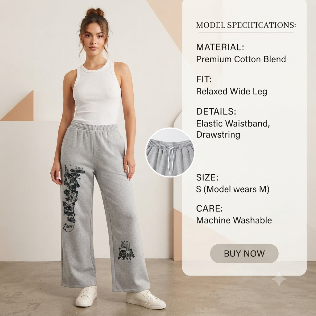 Women’s Wide Leg Butterfly Printed Grey Joggers | High-Waisted Fleece Lounge Pants