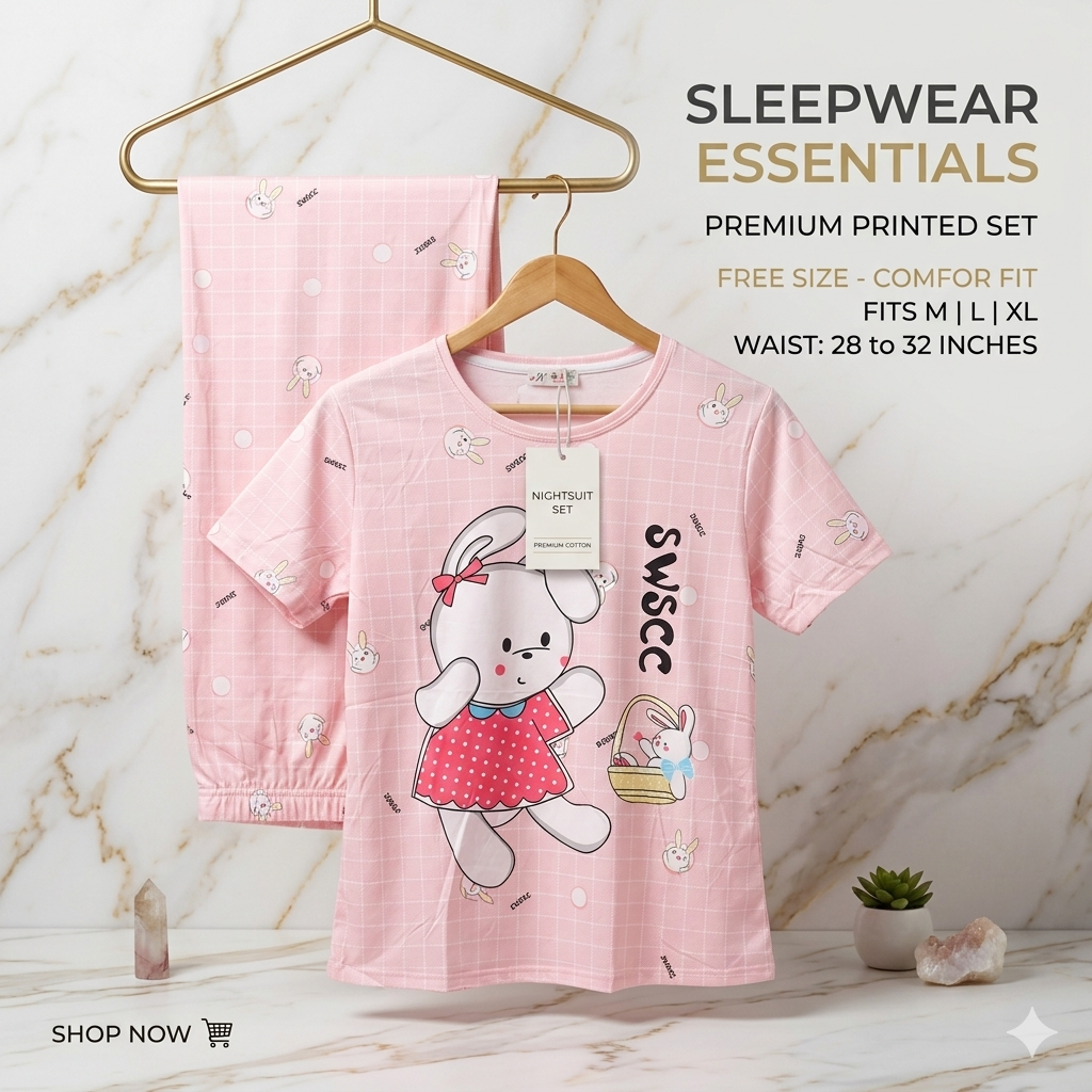 Women’s Cozy Bunny Print Cotton Nightsuit Set – Short Sleeve Top & Pajama Set