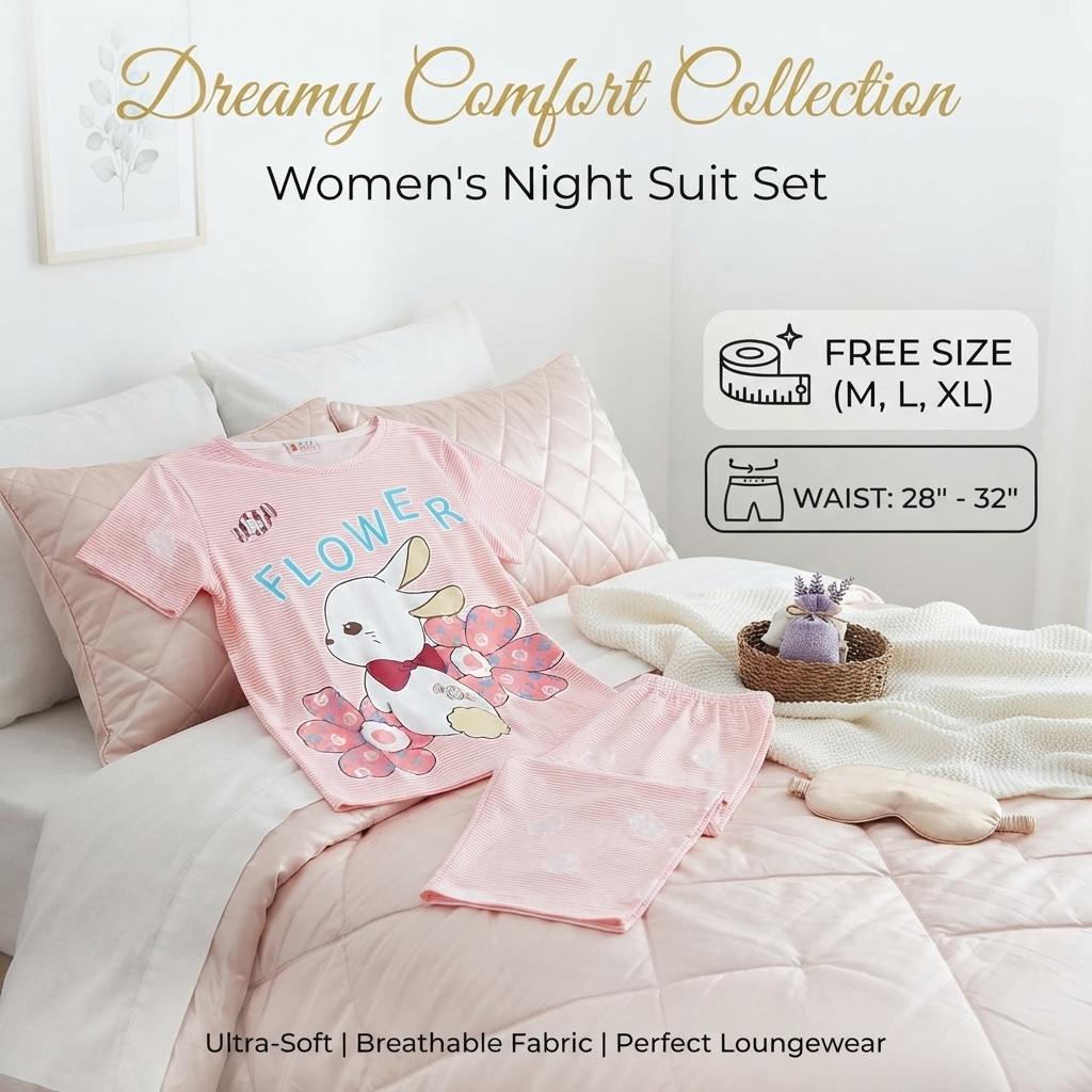 Women's Pink Striped Cotton Blend Nightsuit Set – Cute Bunny & Flower Print Top with Pyjamas