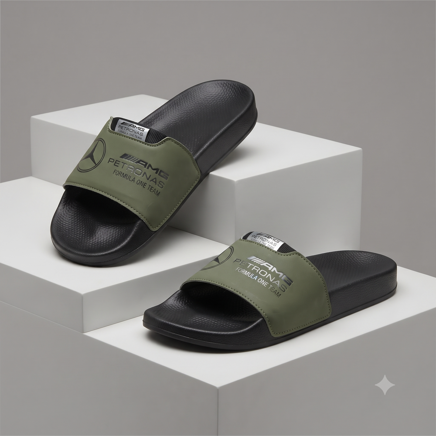 Mercedes-AMG Petronas F1 Team Motorsport Men's Comfort Slides / Slippers (Olive Green & Black)