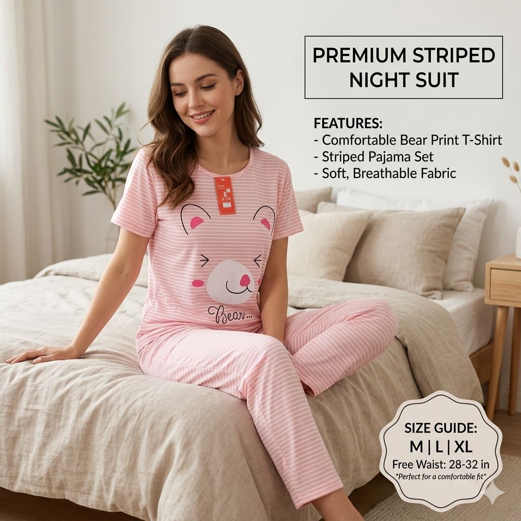 Women’s Soft Cotton Blend Cute Bear Striped Nightsuit Set – T-Shirt & Pyjama Lounge Wear