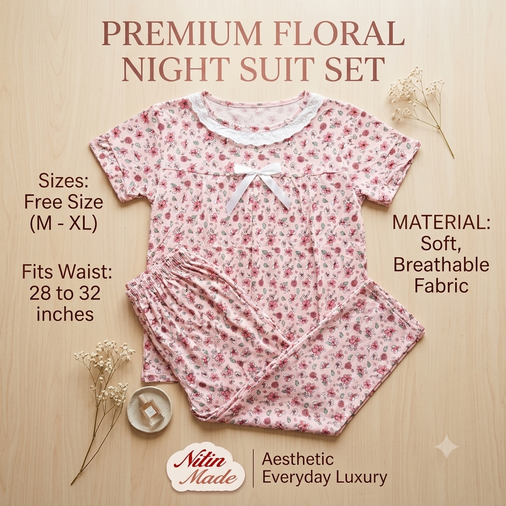 Women’s Floral Print Cotton Blend Nightsuit Set – Short Sleeve Top & Pyjama