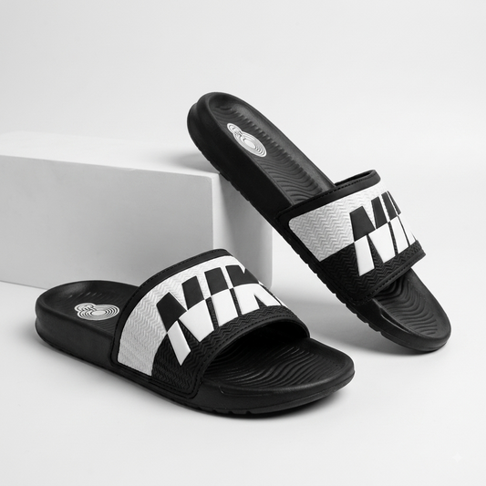 Men’s Black & White Bold Graphic Comfort Sliders – Stylish Casual Slip-On Sandals