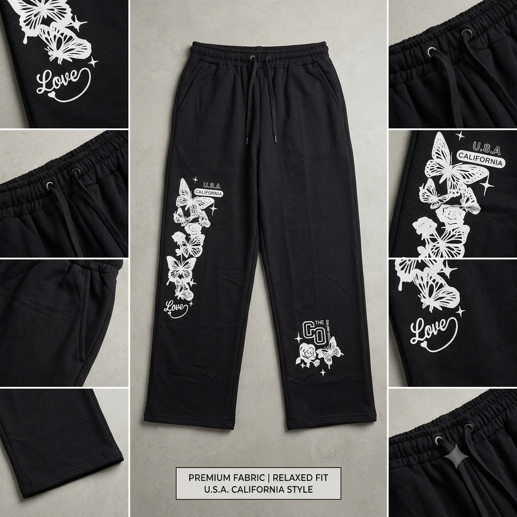 Women’s Black Loose Fit Graphic Printed Sweatpants | Stylish Elastic Waist Trousers