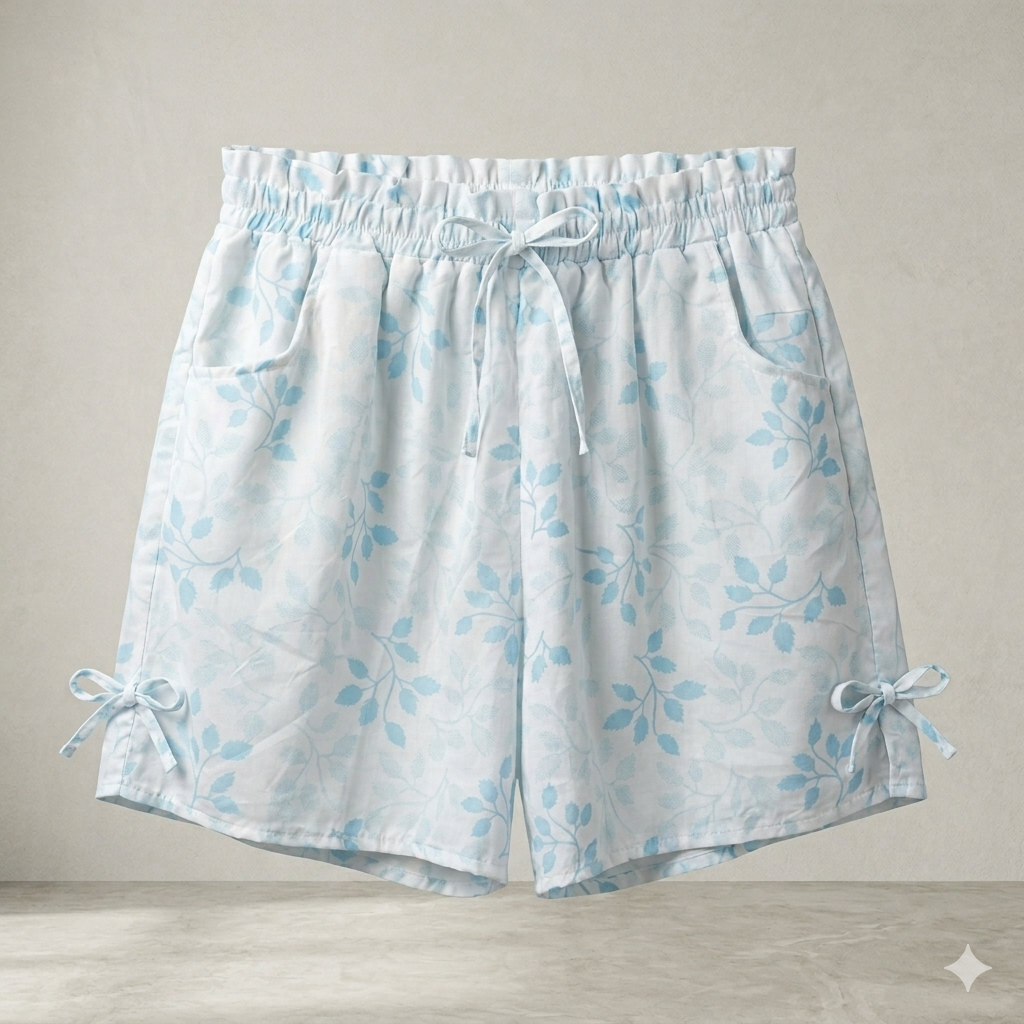 Blue Leaf Print Lounge Shorts with Side Bows