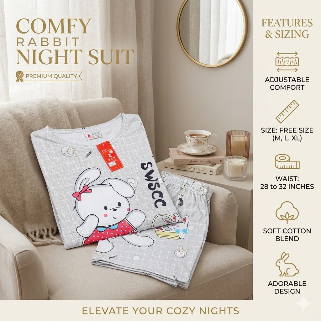 Ultra-Soft Cotton Blend Bunny Graphic Nightsuit for Women | Short Sleeve Top & Pajama Set