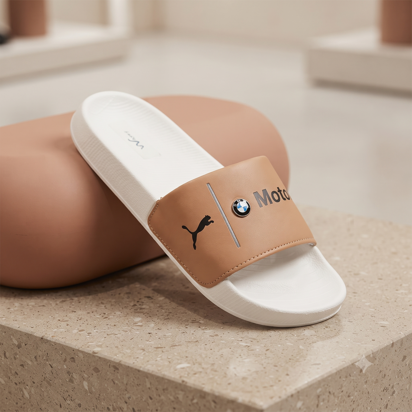 Premium White & Tan Motorsport-Inspired Casual Slides for Men | Stylish Everyday Slip-On Sandals