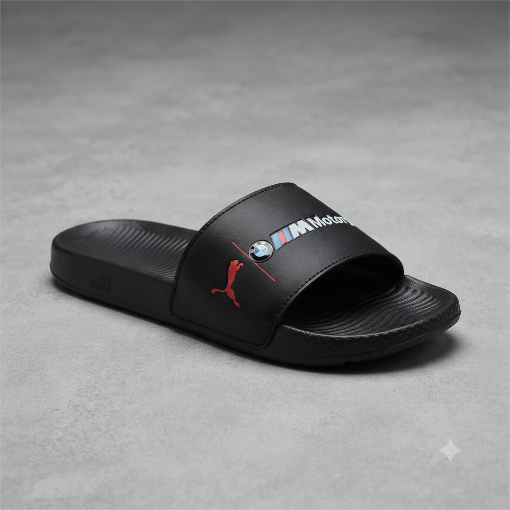 Men’s Premium Motorsport Style Black Slide Slippers – Cushioned Comfort & Anti-Slip Sole