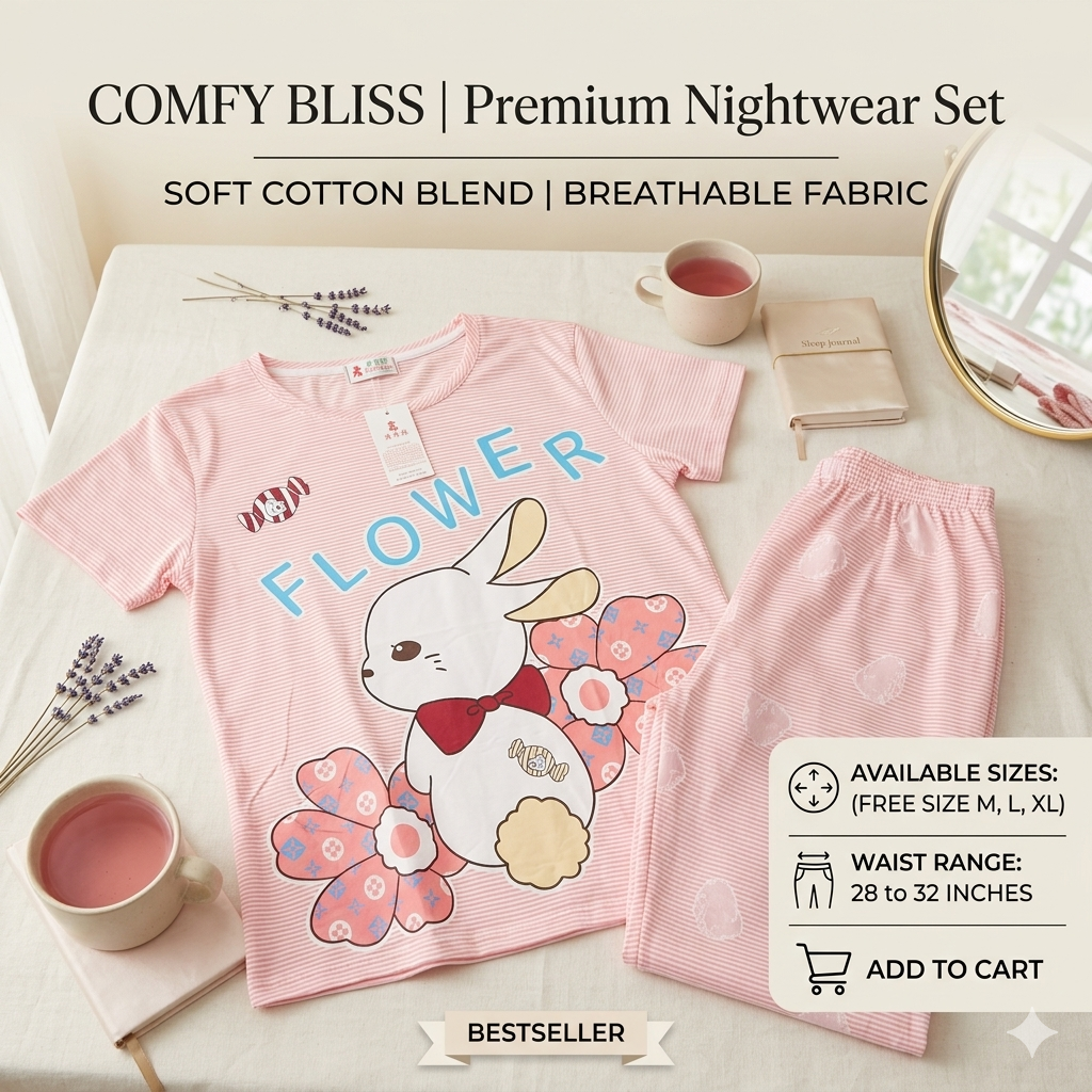 Women's Pink Striped Cotton Blend Nightsuit Set – Cute Bunny & Flower Print Top with Pyjamas