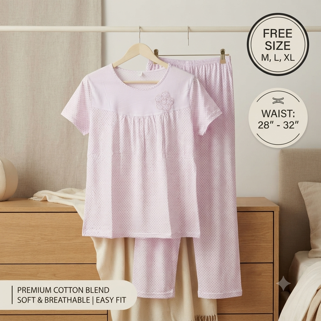 Soft Floral Accent Polka Print Loungewear Set for Women – Breathable Cotton Nightsuit