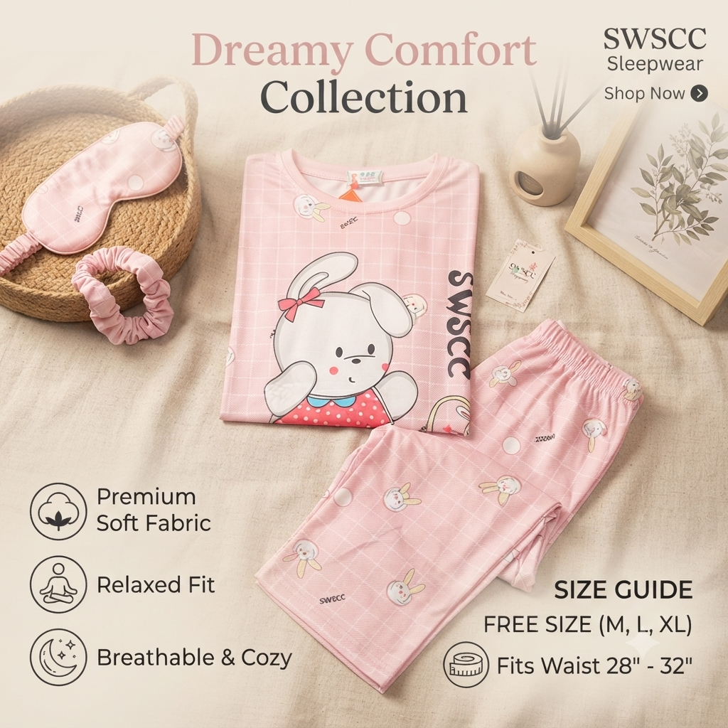 Women’s Cozy Bunny Print Cotton Nightsuit Set – Short Sleeve Top & Pajama Set