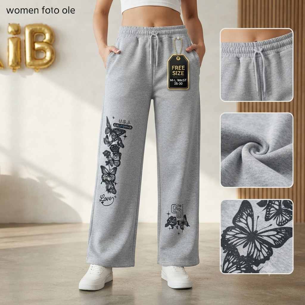 Women’s Wide Leg Butterfly Printed Grey Joggers | High-Waisted Fleece Lounge Pants