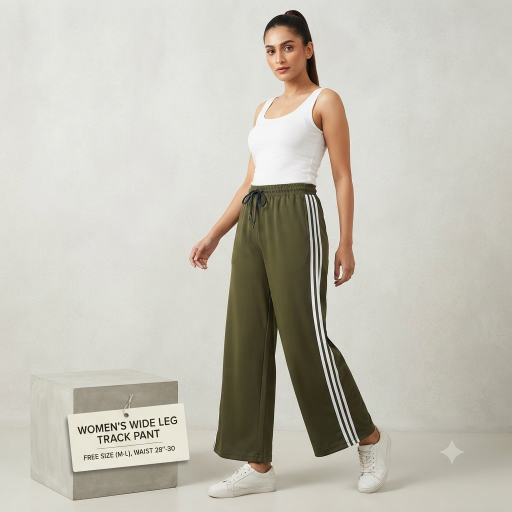 Women’s Olive Green Wide-Leg Track Pants with Side Stripe | High-Waist Casual Lower