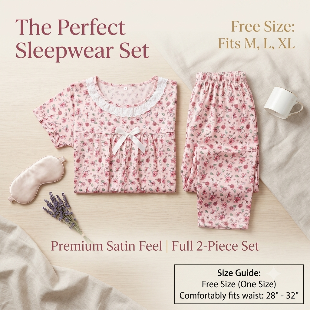 Women’s Floral Print Cotton Blend Nightsuit Set – Short Sleeve Top & Pyjama