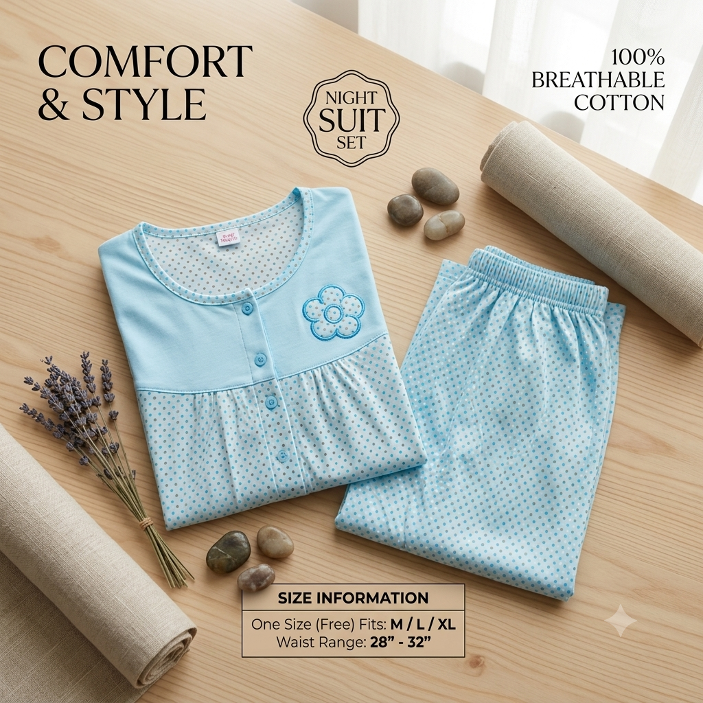 Women's Light Blue Polka Dot Cotton-Blend Nightsuit Set – Short Sleeve Top & Pajama Pants