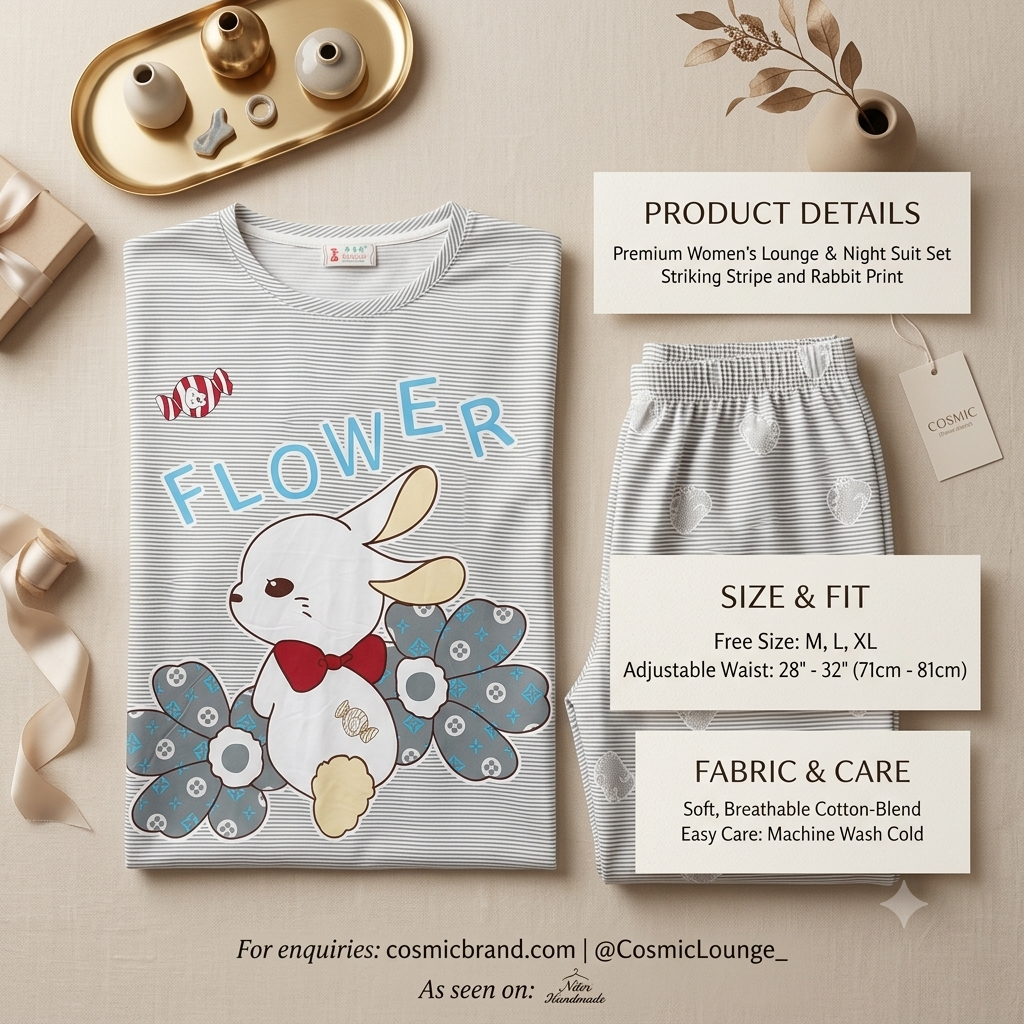 Women's Cute Bunny Print Cotton-Blend Nightwear Set – Round Neck T-Shirt & Pyjama Lounge Set