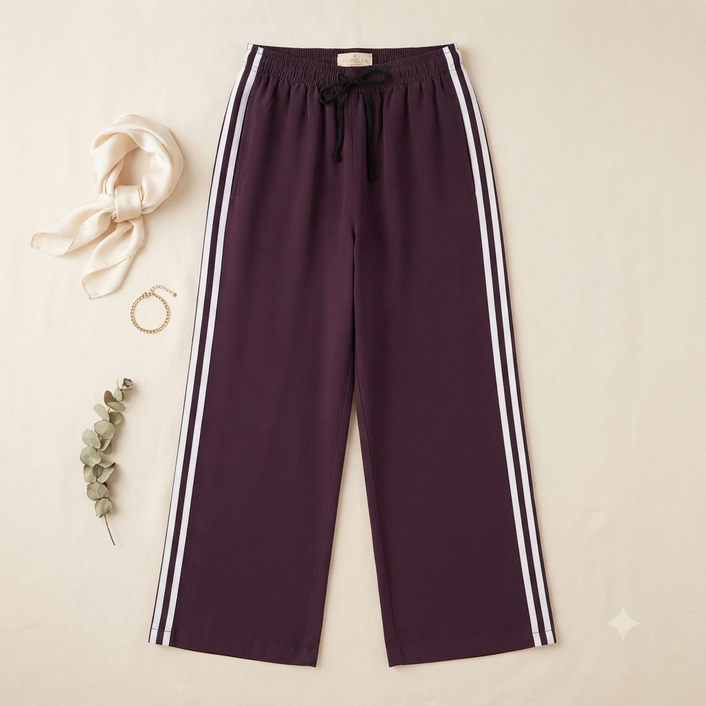 Women's Elastic Waist Wide Leg Track Pants - Deep Purple Athleisure Lower