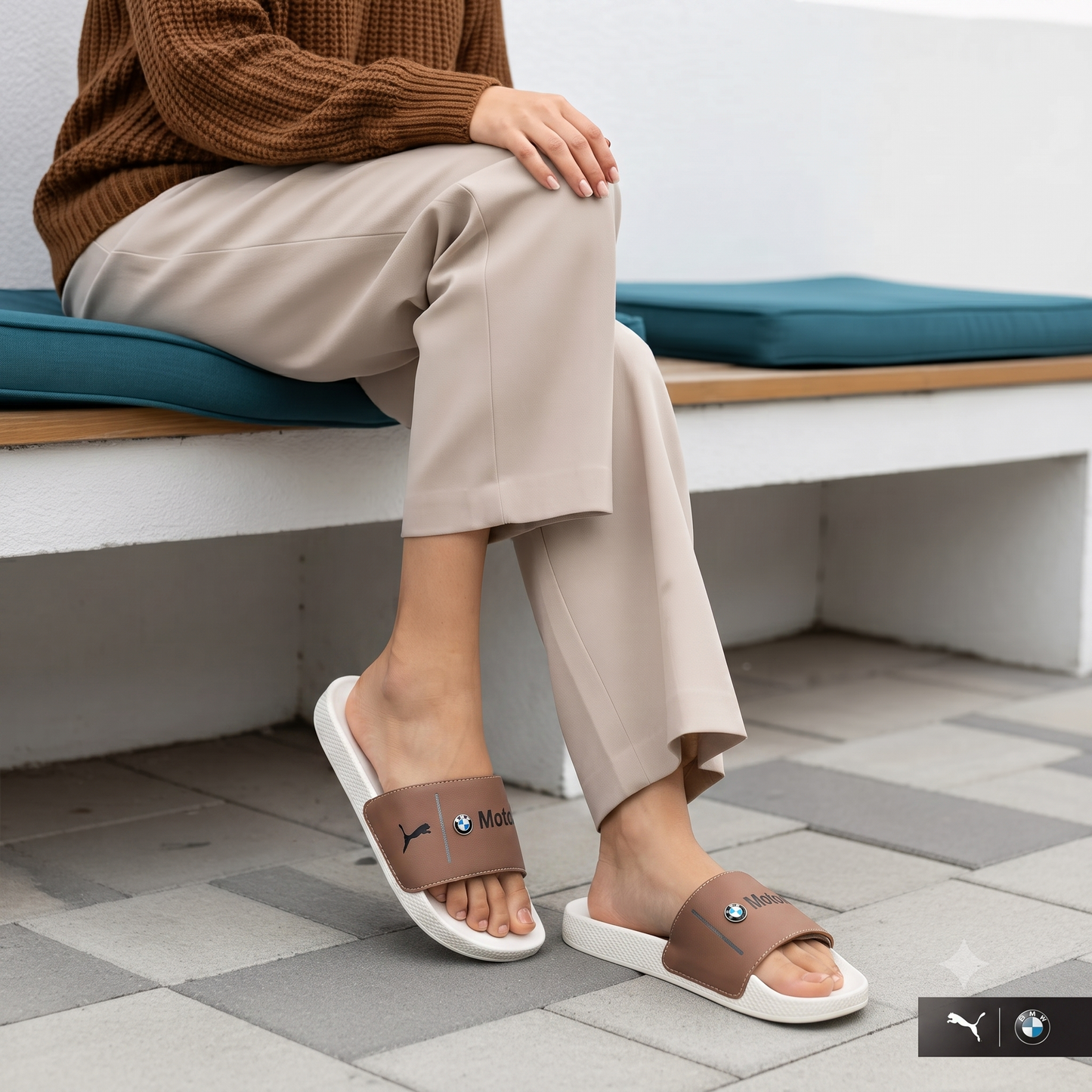 Premium White & Tan Motorsport-Inspired Casual Slides for Men | Stylish Everyday Slip-On Sandals