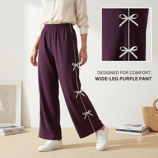 Trendy Bow Accent Wide-Leg Trousers for Women – Deep Wine