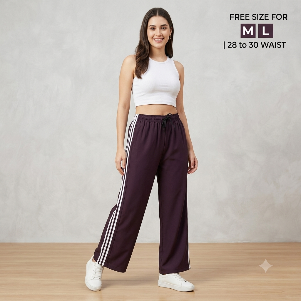 Women's Elastic Waist Wide Leg Track Pants - Deep Purple Athleisure Lower