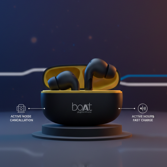 Airdopes 765 ANC: Silence the Noise, Amplify the Style with 60 Hours of Power & Pro-Grade ANC 13mm Drivers and the Dual-Tone design, as that yellow-on-black