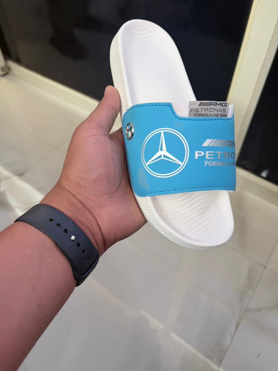 Premium F1 Motorsport Edition Comfort Sliders – White/Cyan